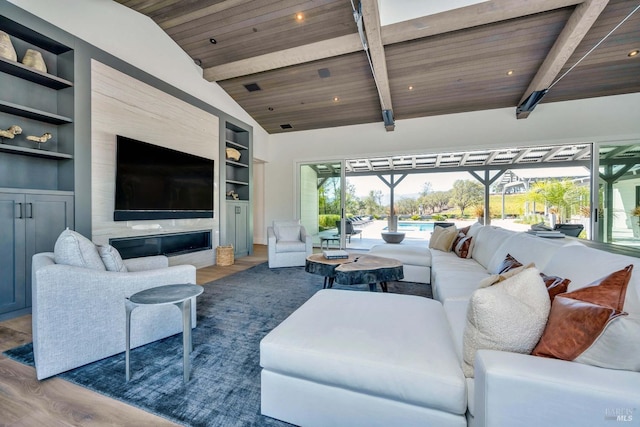 living room featuring hardwood / wood-style floors, wood ceiling, and built in shelves