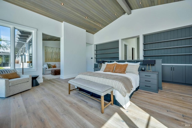 bedroom featuring wood ceiling, high vaulted ceiling, beamed ceiling, and light hardwood / wood-style floors