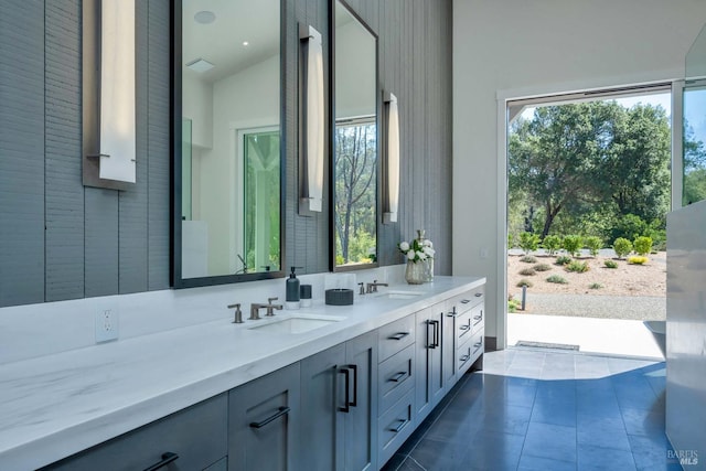 bathroom featuring vanity and tile patterned flooring