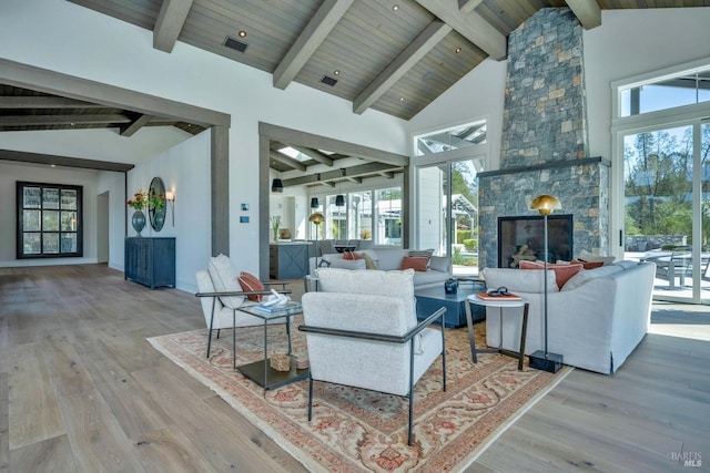 living room featuring wood ceiling, hardwood / wood-style flooring, high vaulted ceiling, and plenty of natural light