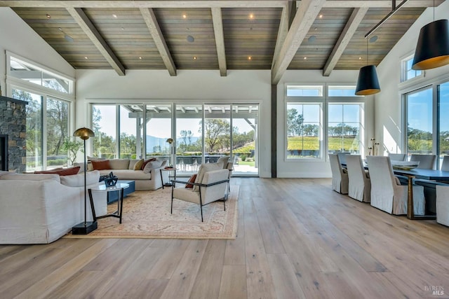 sunroom featuring lofted ceiling with beams, a stone fireplace, and wooden ceiling