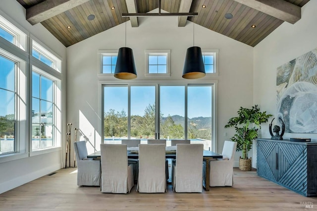dining room with high vaulted ceiling, wood ceiling, light wood-type flooring, and beam ceiling