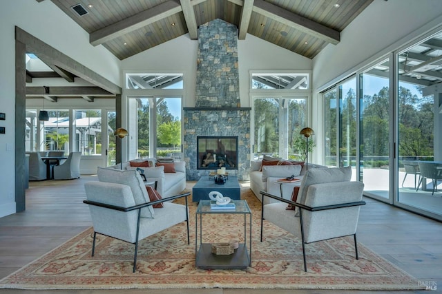 sunroom / solarium featuring vaulted ceiling with beams, wooden ceiling, and a wealth of natural light