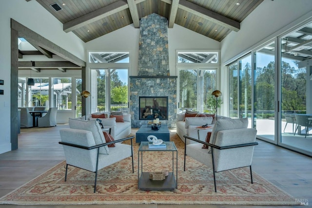 sunroom featuring high vaulted ceiling, beamed ceiling, wood ceiling, and wood finished floors