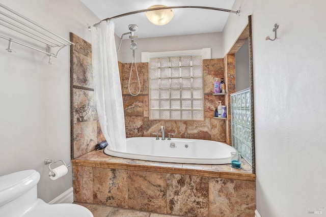 bathroom with toilet and shower / tub combo with curtain