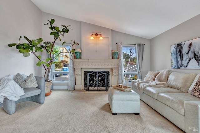 living room with carpet floors and vaulted ceiling