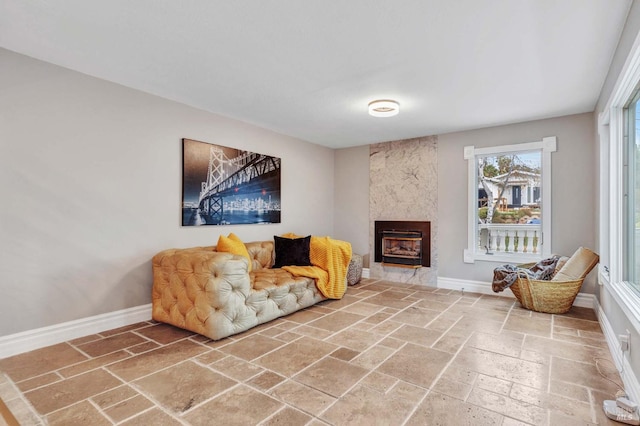 living area with a fireplace