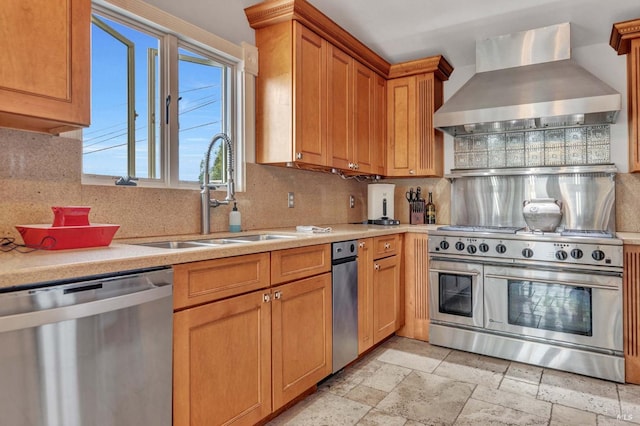 kitchen with wall chimney exhaust hood, appliances with stainless steel finishes, sink, and decorative backsplash