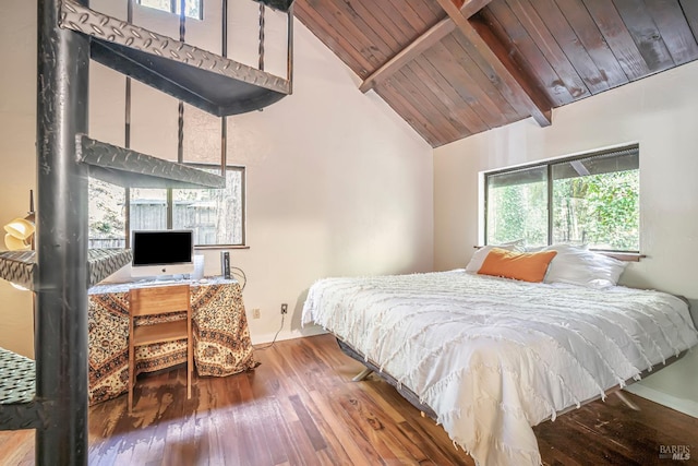 bedroom featuring wood ceiling, lofted ceiling with beams, and wood-type flooring