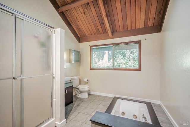 full bathroom with wood ceiling, lofted ceiling with beams, separate shower and tub, toilet, and tile patterned floors