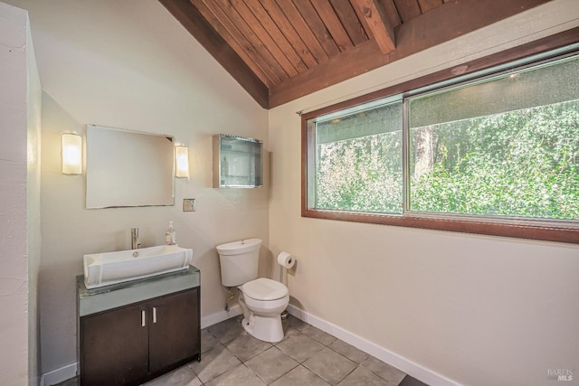 bathroom with vanity, wood ceiling, lofted ceiling with beams, and toilet