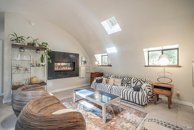 tiled living room featuring vaulted ceiling