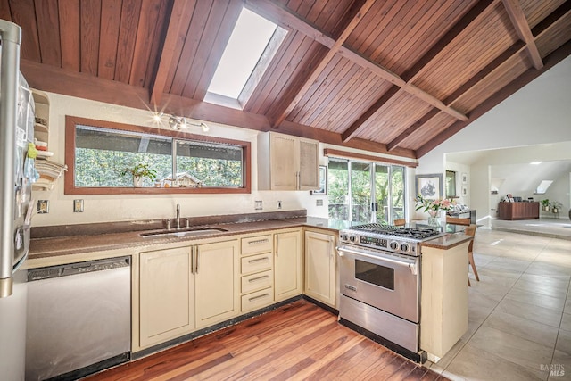 kitchen featuring cream cabinets, light hardwood / wood-style flooring, wooden ceiling, sink, and appliances with stainless steel finishes