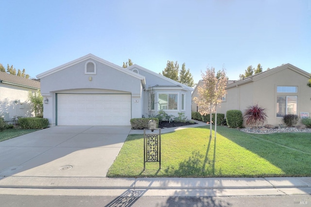 single story home featuring a front lawn and a garage