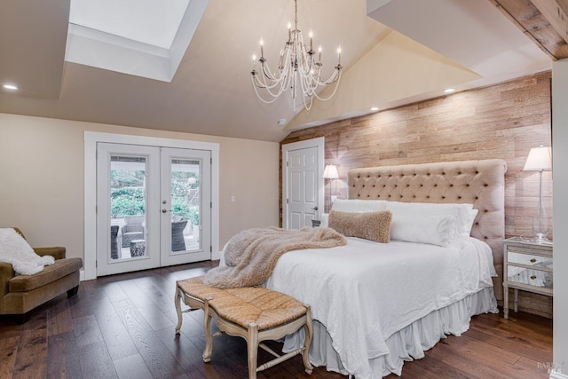 bedroom featuring french doors, access to exterior, lofted ceiling with beams, and wood-type flooring