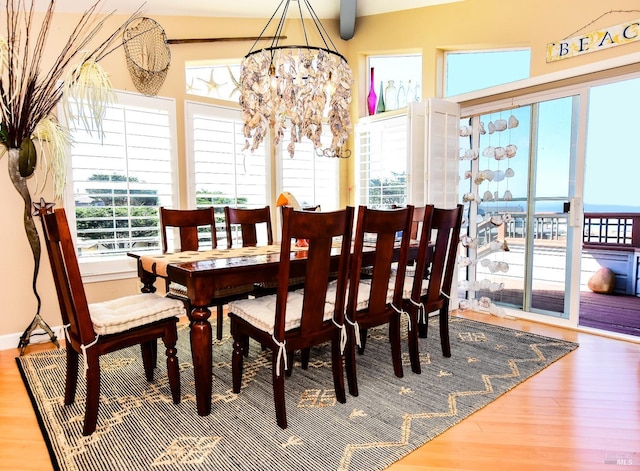 dining room with an inviting chandelier, plenty of natural light, and wood finished floors