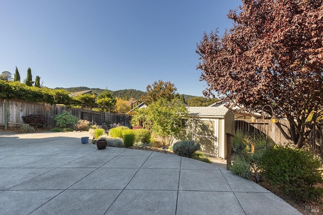 view of patio with a mountain view