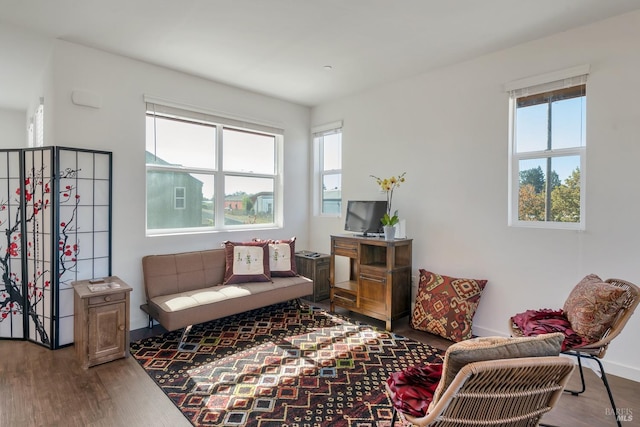 sitting room with a healthy amount of sunlight and hardwood / wood-style floors