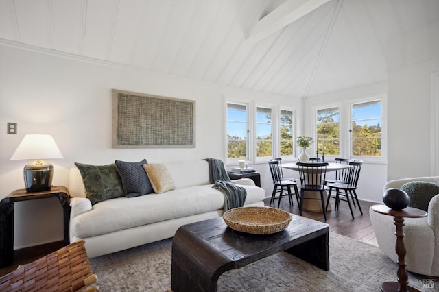 living room with lofted ceiling and wood finished floors