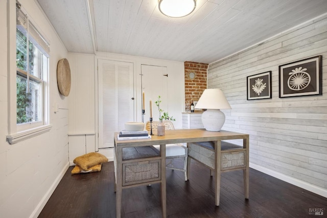 dining space featuring dark wood-style floors, wooden ceiling, and baseboards