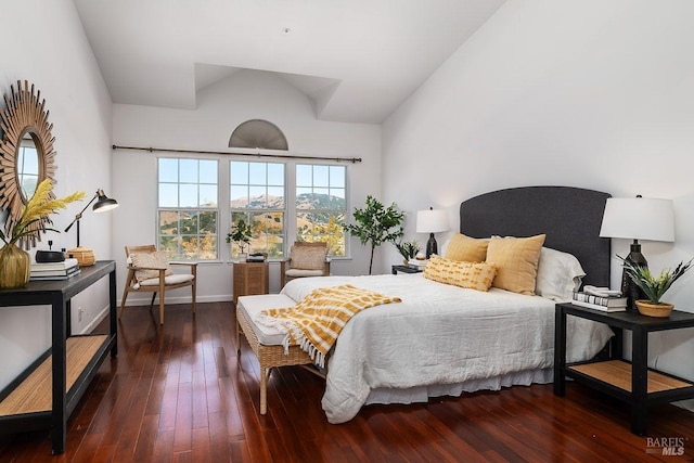 bedroom featuring dark wood-type flooring and vaulted ceiling