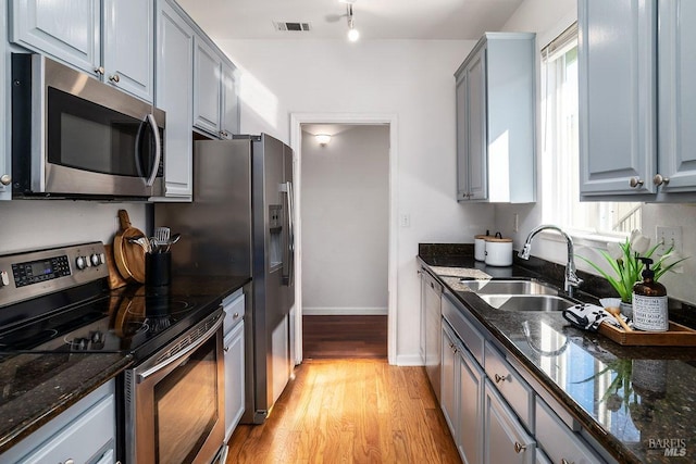 kitchen with sink, light wood-type flooring, stainless steel appliances, dark stone counters, and gray cabinets