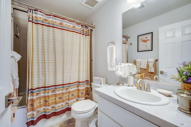 full bathroom featuring vanity, shower / tub combo with curtain, and toilet