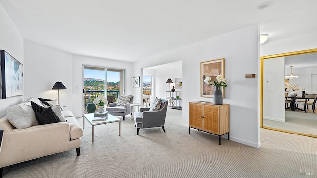 living room with light colored carpet