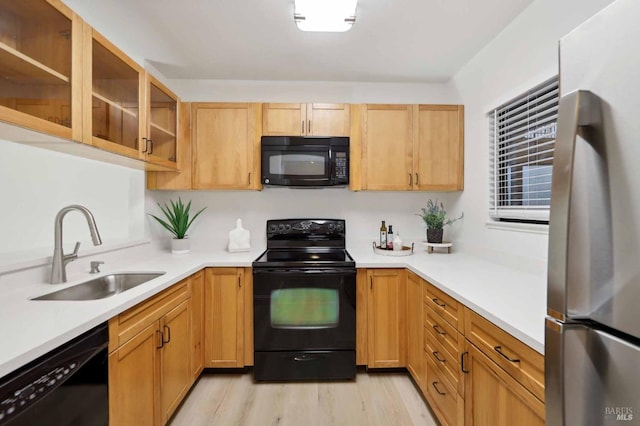 kitchen with black appliances, sink, and light hardwood / wood-style flooring