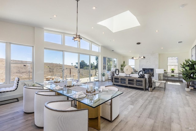 living room featuring light hardwood / wood-style flooring, a skylight, and a wealth of natural light