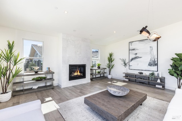 living room with a tiled fireplace, hardwood / wood-style flooring, and plenty of natural light