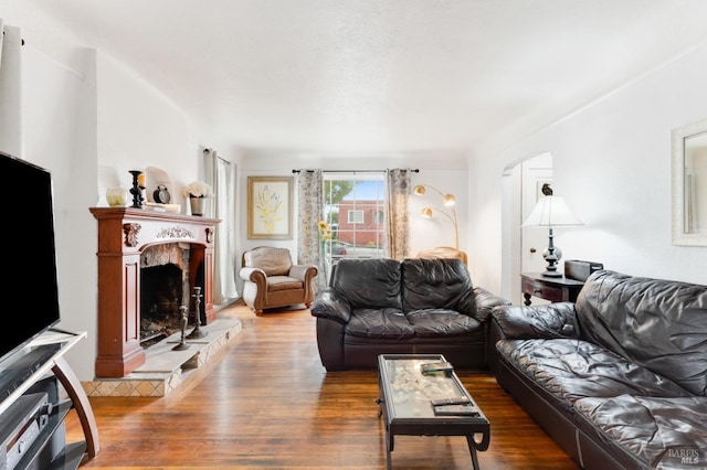 living room with dark hardwood / wood-style floors