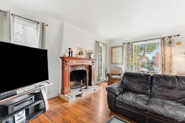 living room with light hardwood / wood-style floors and a fireplace