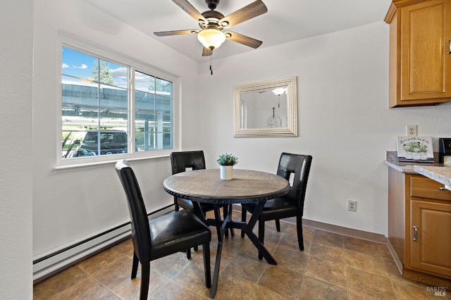 dining space featuring baseboard heating and ceiling fan