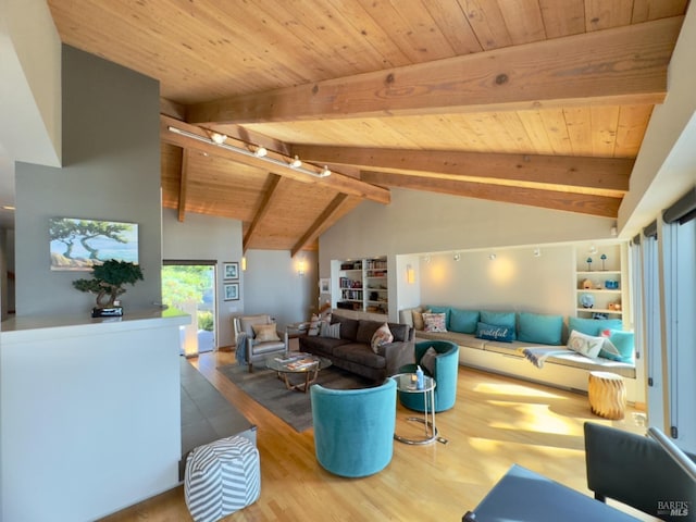 living room featuring light hardwood / wood-style flooring, wood ceiling, and lofted ceiling with beams