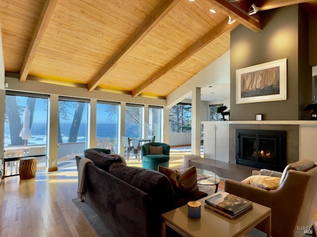 living room with hardwood / wood-style floors, beamed ceiling, a water view, and a wealth of natural light