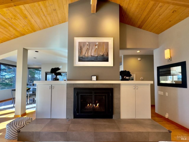 living room with high vaulted ceiling, a fireplace, wood-type flooring, and wooden ceiling