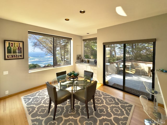 dining area featuring sink and light hardwood / wood-style flooring