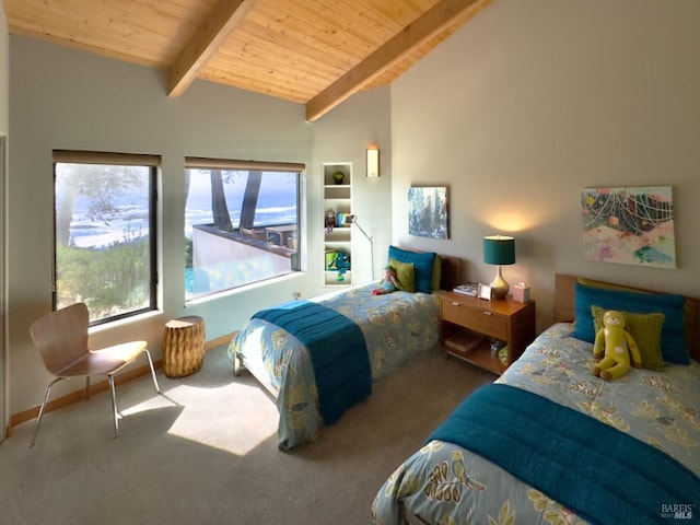 carpeted bedroom with wooden ceiling and vaulted ceiling with beams