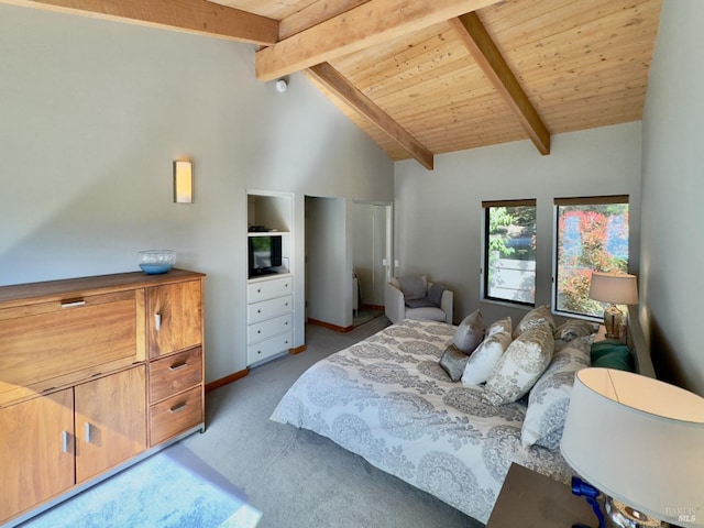 bedroom with beam ceiling, high vaulted ceiling, wood ceiling, and light colored carpet