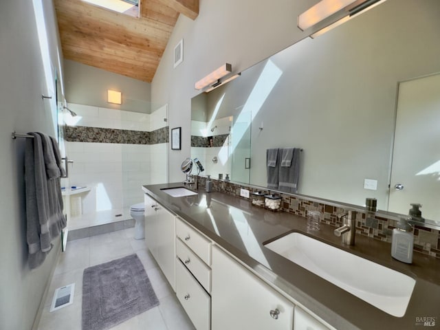 bathroom with tile patterned floors, wood ceiling, toilet, vanity, and lofted ceiling with skylight