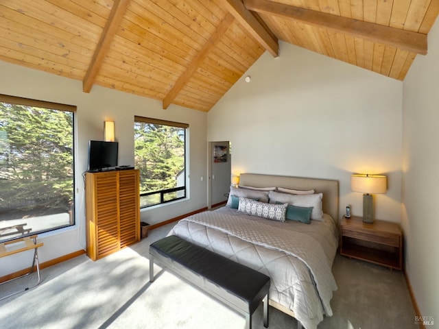 bedroom featuring high vaulted ceiling, beam ceiling, light colored carpet, and wooden ceiling