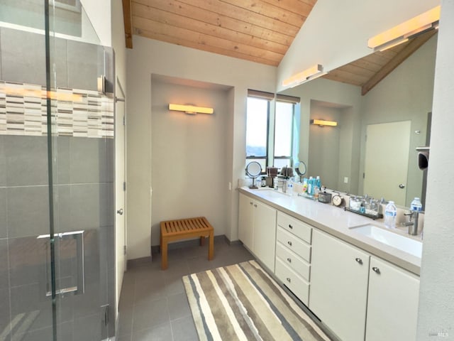 bathroom featuring vanity, wooden ceiling, lofted ceiling, and walk in shower