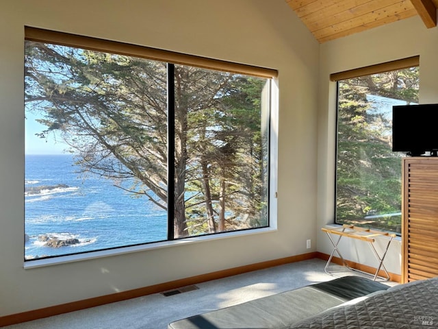 interior space with carpet, wood ceiling, and a water view