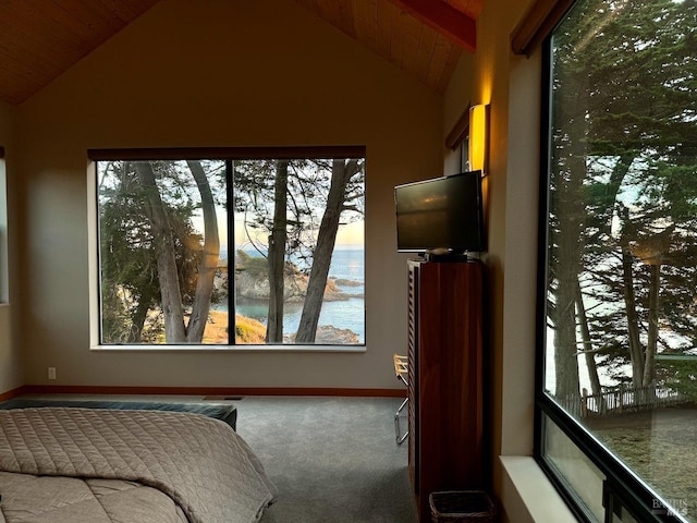 bedroom with lofted ceiling, wood ceiling, and carpet