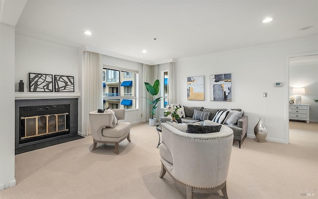 living room featuring ornamental molding and light colored carpet