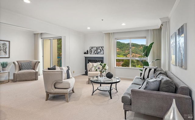 living room with crown molding and light colored carpet