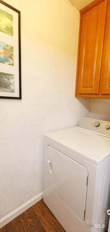 laundry room with cabinets, dark hardwood / wood-style flooring, and washer / dryer