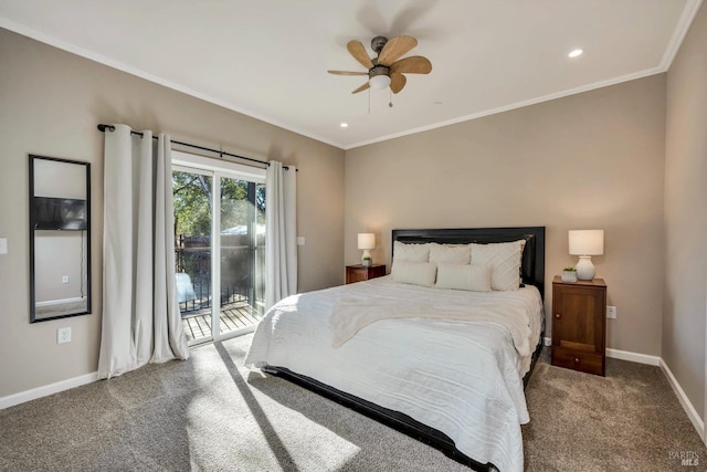 bedroom with carpet, ceiling fan, access to outside, and ornamental molding