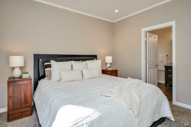 bedroom featuring crown molding and carpet